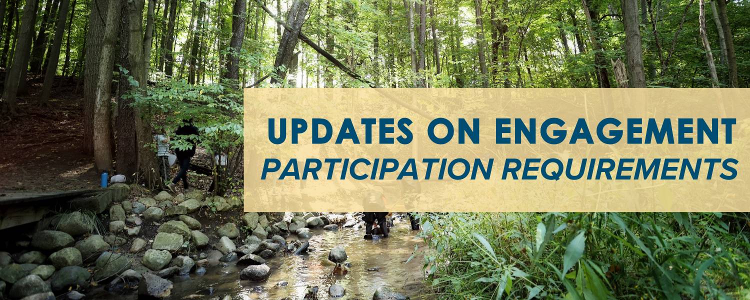 students doing stream sampling from a creek in the woods in the sunshine. Yellow rectangle on the right reads "updates on engagement: participation requirements"